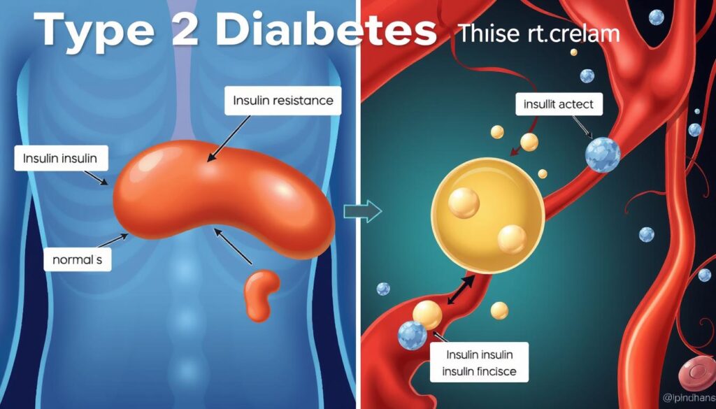 Diagram showing how type 2 diabetes affects insulin production and blood sugar levels