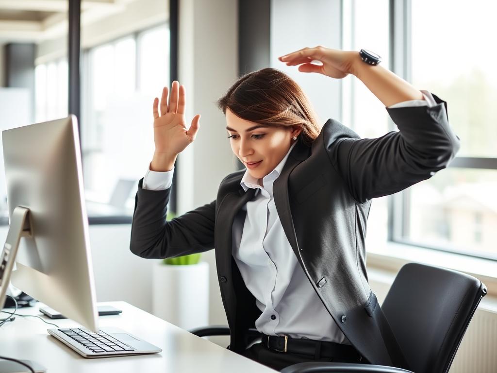 Office worker performing desk stretches as part of a comprehensive health guide Office worker performing desk stretches as part of a comprehensive health guide